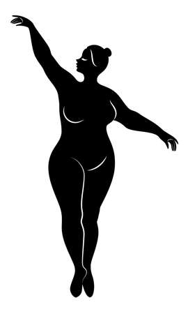 Silhouette of a cute lady, she is dancing ballet. The woman has an overweight body. Girl is plump. Woman ballerina, gymnast. Vector illustration.のイラスト素材