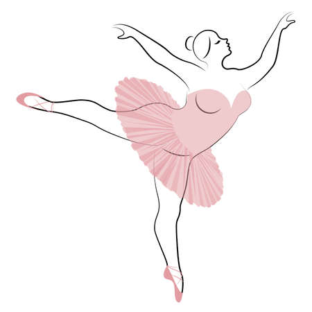 Silhouette of a cute lady, she is dancing ballet. The woman has an overweight body. Girl is plump. Woman ballerina, gymnast. Vector illustration.のイラスト素材