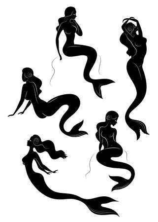 Collection. Silhouette of a mermaid. Girls bathe in a beautiful pose. The lady is young and slender. Fantastic image of a fairy tale. Set of vector illustrations.のイラスト素材