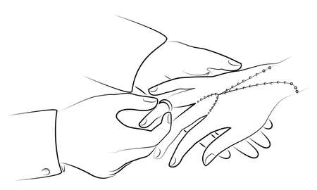 Hands newlyweds at the wedding. A man puts a wedding ring on the girl s finger. Vector illustration.のイラスト素材