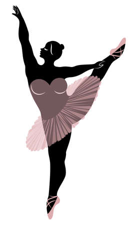 Silhouette of a cute lady, she is dancing ballet. The woman has an overweight body. Girl is plump. Woman ballerina, gymnast. Vector illustration.のイラスト素材