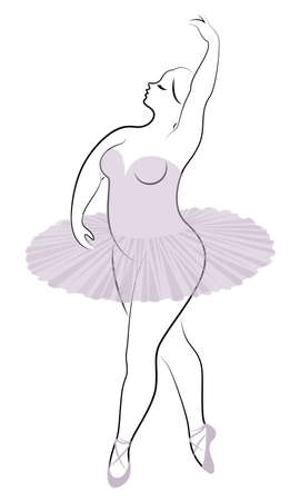 Silhouette of a cute lady, she is dancing ballet. The woman has an overweight body. Girl is plump. Woman ballerina, gymnast. Vector illustration.のイラスト素材