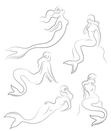 Collection. Silhouette of a mermaid. Girls bathe in a beautiful pose. The lady is young and slender. Fantastic image of a fairy tale. Set of vector illustrations.のイラスト素材