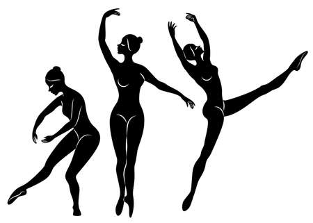 Collection. Silhouette of a cute lady, she is dancing ballet. The girl has a slim beautiful figure. Woman ballerina. Vector illustration set.のイラスト素材