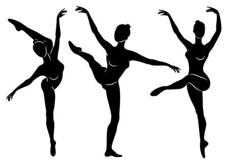 Collection. Silhouette of a cute lady, she is dancing ballet. The girl has a slim beautiful figure. Woman ballerina. Vector illustration set.のイラスト素材