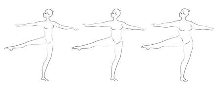 Collection. Silhouette of a cute lady, she is dancing ballet. A woman is overweight. The girl is plump, slim, thin. Woman ballerina, gymnast. Vector illustration set.のイラスト素材