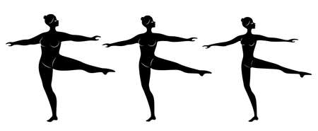 Collection. Silhouette of a cute lady, she is dancing ballet. A woman is overweight. The girl is plump, slim, thin. Woman ballerina, gymnast. Vector illustration set.のイラスト素材