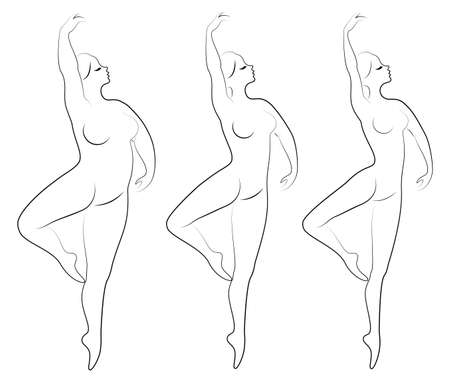 Collection. Silhouette of a cute lady, she is dancing ballet. A woman is overweight. The girl is plump, slim, thin. Woman ballerina, gymnast. Vector illustration set.のイラスト素材