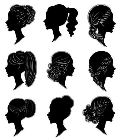 Collection. Silhouette of a head of a sweet lady in different frames. The girl shows a woman s hairstyle on medium and long hair. Suitable for logo, advertising. Set of vector illustrations.のイラスト素材