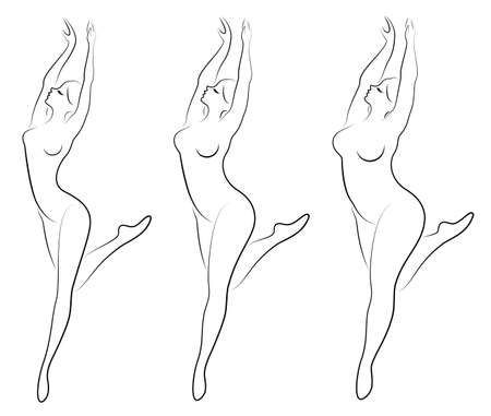 Collection. Silhouette of a cute lady, she is dancing ballet. A woman is overweight. The girl is plump, slim, thin. Woman ballerina, gymnast. Vector illustration set.のイラスト素材