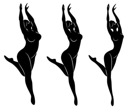 Collection. Silhouette of a cute lady, she is dancing ballet. A woman is overweight. The girl is plump, slim, thin. Woman ballerina, gymnast. Vector illustration set.のイラスト素材