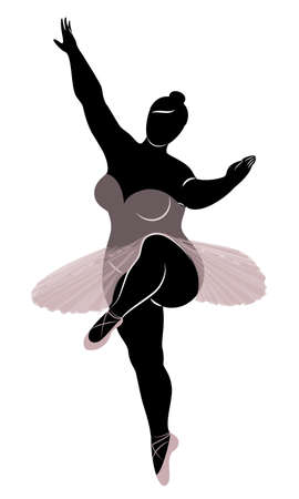 Silhouette of a cute lady, she is dancing ballet. The woman has an overweight body. Girl is plump. Woman ballerina, gymnast. Vector illustration.のイラスト素材