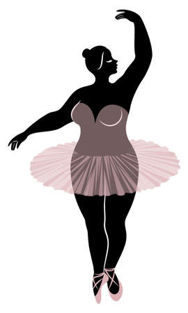 Silhouette of a cute lady, she is dancing ballet. The woman has an overweight body. Girl is plump. Woman ballerina, gymnast. Vector illustration.のイラスト素材