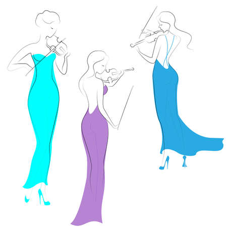 Silhouettes of three beautiful ladies in evening long dresses. Girls are slim and elegant. Women play violins, they are musicians, violinists. Vector illustration.のイラスト素材