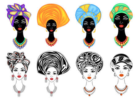 Collection. Silhouette of a head of a sweet lady. A bright shawl, a turban, tied to the head of an African-American girl. The woman is beautiful and stylish. Set of vector illustrations.のイラスト素材