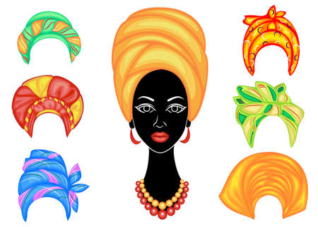 Collection. Silhouette of a head of a sweet lady. A bright shawl, a turban is tied on the head of an African-American girl. The woman is beautiful and stylish. Set of vector illustrations.のイラスト素材