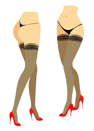 Group. Silhouette figure of a lady in a bikini. Slender legs of a girl in stockings and red shoes. The woman is running. Feet well-groomed, beautiful silky skin. Set of vector illustrations.のイラスト素材