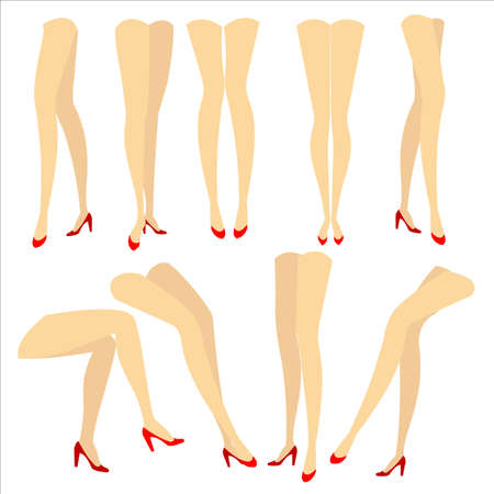 Collection. A picture with silhouettes of slender beautiful female legs in red high-heeled shoes. Different postures of legs when the girl is standing, lies, lies. Vector illustration set.のイラスト素材