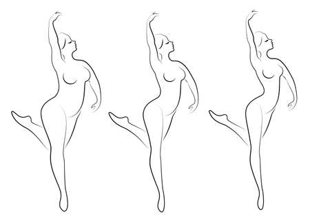 Collection. Silhouette of a cute lady, she is dancing ballet. A woman is overweight. The girl is plump, slim, thin. Woman ballerina, gymnast. Vector illustration set.のイラスト素材