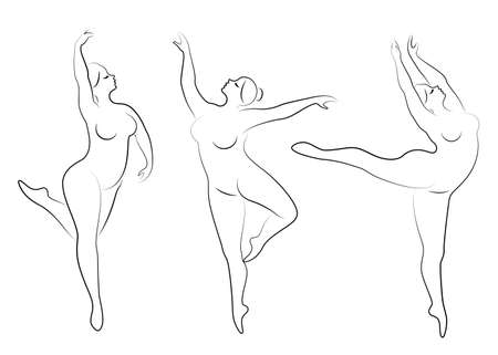 Collection. Silhouette of a cute lady, she is dancing ballet. Woman is overweight. The girl is plump and slim. Woman is ballerina, gymnast. Vector illustration set.のイラスト素材