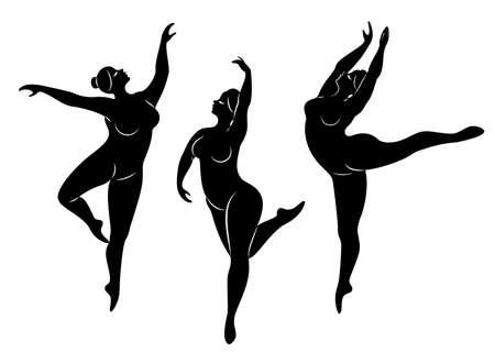 Collection. Silhouette of a cute lady, she is dancing ballet. Woman is overweight. The girl is plump and slim. Woman is ballerina, gymnast. Vector illustration set.のイラスト素材