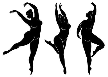 Collection. Silhouette of a cute lady, she is dancing ballet. Woman is overweight. The girl is plump and slim. Woman is ballerina, gymnast. Vector illustration set.のイラスト素材