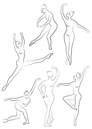 Collection. Silhouette of a cute lady, she is dancing ballet. The girl has a slim beautiful figure. Woman ballerina. Vector illustration set.のイラスト素材