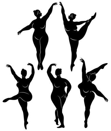Vector illustration of overweight woman silhouettes. Black and white, differrent poses.のイラスト素材