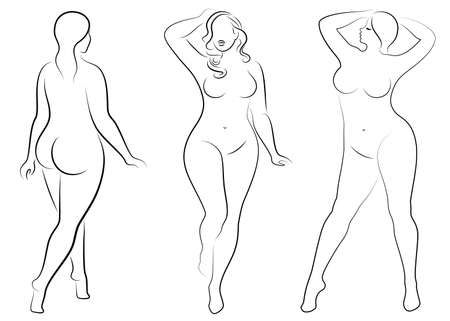 Vector illustration of overweight woman silhouettes. Black and white, differrent poses.のイラスト素材