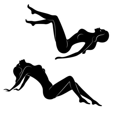 Collection. Silhouettes of lovely ladies. Beautiful girls are in different poses. The figures of women are naked, feminine and slender. Set of vector illustrations.のイラスト素材