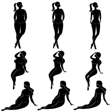 Vector illustration of overweight woman silhouettes. Black and white, differrent poses.のイラスト素材