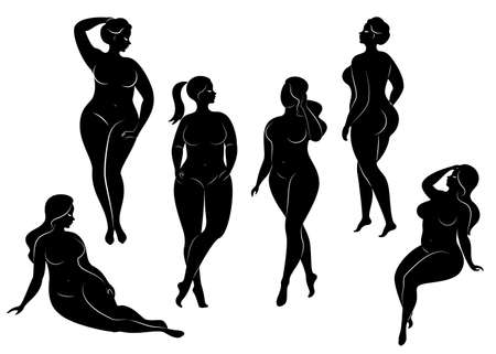 Vector illustration of overweight woman silhouettes. Black and white, differrent poses.のイラスト素材