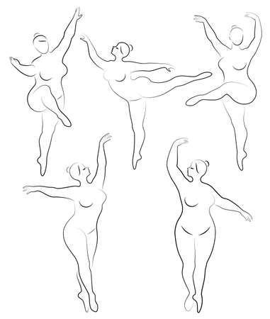 Vector illustration of overweight woman silhouettes. Black and white, differrent poses.のイラスト素材