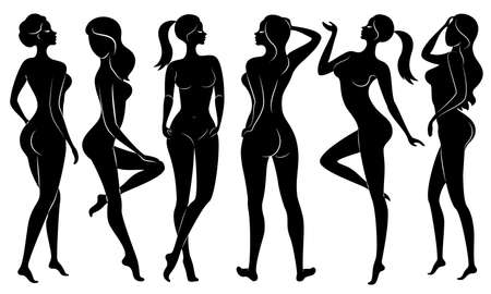 Collection. Silhouettes of lovely ladies. Beautiful girls stand in different poses. The figures of women are naked, feminine and slender. Set of vector illustrations.のイラスト素材