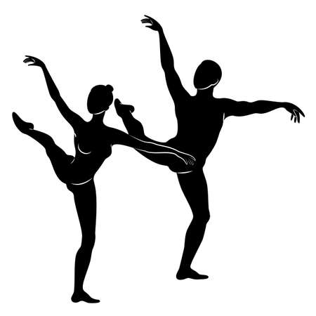 Silhouette of a cute lady and youth, they dance ballet. The woman and the man have beautiful slender figures. Girl ballerina and boyfriend dancer. Ballet dancer. Vector illustration.のイラスト素材