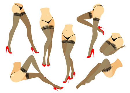 Collection. Silhouette of slender beautiful female legs. The lady is in different poses. Girls dressed in fashionable stockings and shod in red high-heeled shoes. Vector illustration set.のイラスト素材