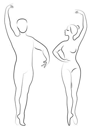 Silhouette of a cute lady and youth, they dance ballet. The woman and the man have beautiful slender figures. Girl ballerina and boyfriend dancer. Ballet dancer. Vector illustration.のイラスト素材