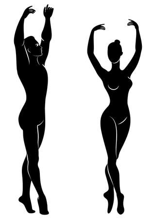 Silhouette of a cute lady and youth, they dance ballet. The woman and the man have beautiful slender figures. Girl ballerina and boyfriend dancer. Ballet dancer. Vector illustration.のイラスト素材