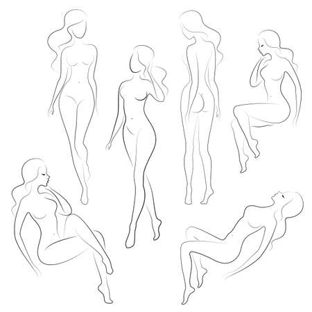 Collection. Silhouette of a sweet lady, she sits and stands. The girl has a beautiful nude figure. A woman is a young sexy and slender model. Set of vector illustrations.のイラスト素材