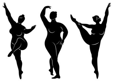 Vector illustration of overweight woman silhouettes. Black and white, differrent poses.のイラスト素材