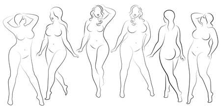Collection. Silhouette of a cute lady, she is dancing ballet. Woman is overweight. The girl is plump and slim. Woman ballerina, gymnast. Vector illustration set.のイラスト素材