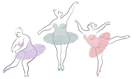 Collection. Silhouette of a cute lady, she is dancing ballet. Woman is overweight. The girl is plump and slim. Woman is ballerina, gymnast. Vector illustration set.のイラスト素材