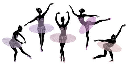 Collection. Silhouette of a cute lady, she is dancing ballet. The girl has a beautiful figure. Woman ballerina. Vector illustration set.のイラスト素材