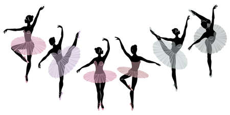 Collection. Silhouette of a cute lady, she is dancing ballet. The girl has a beautiful figure. Woman ballerina. Vector illustration set.のイラスト素材