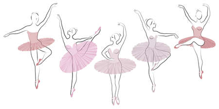 Collection. Silhouette of a cute lady, she is dancing ballet. The girl has a beautiful figure. Woman ballerina. Vector illustration set.のイラスト素材