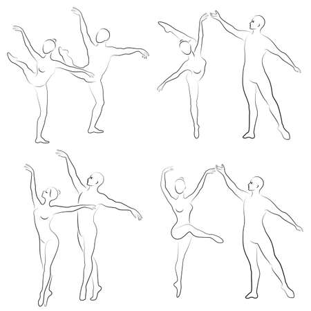 Collection. Silhouette of a ballet actor. The woman and the man have beautiful slender figures. Girl ballerina and boyfriend dancer. Vector illustration set.のイラスト素材