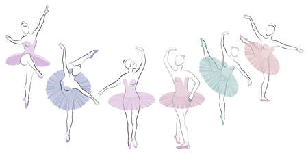Collection. Silhouette of a cute lady, she is dancing ballet. The girl has a beautiful figure. Woman ballerina. Vector illustration set.のイラスト素材