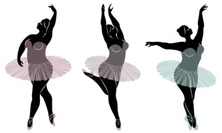 Collection. Silhouette of a cute lady, she is dancing ballet. Woman is overweight. The girl is plump and slim. Woman is ballerina, gymnast. Vector illustration set.のイラスト素材