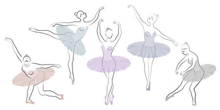 Collection. Silhouette of a cute lady, she is dancing ballet. The girl has a beautiful figure. Woman ballerina. Vector illustration set.のイラスト素材