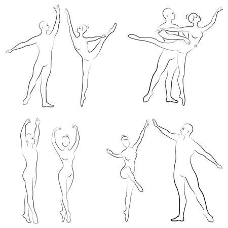 Collection. Silhouette of a ballet actor. The woman and the man have beautiful slender figures. Girl ballerina and boyfriend dancer. Vector illustration set.のイラスト素材